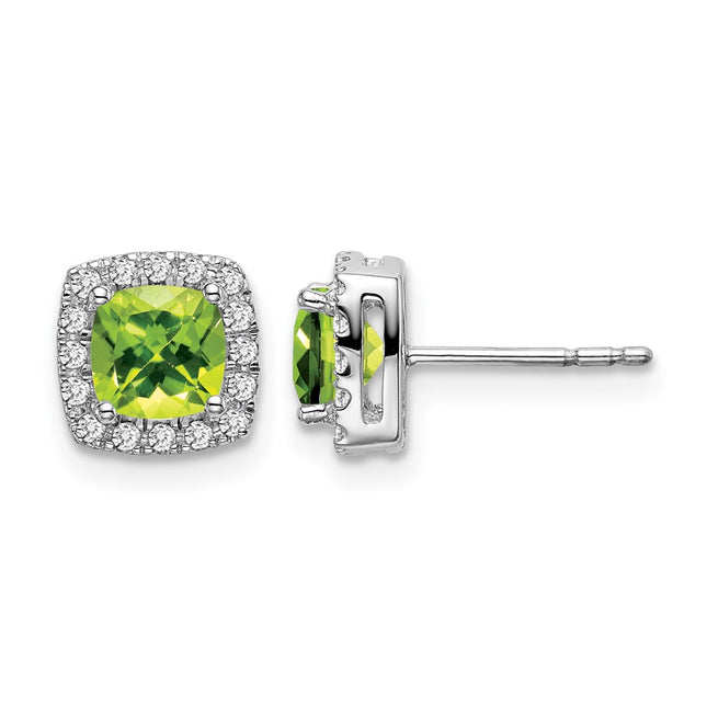 14k White Gold Cushion Peridot and Diamond Halo Earrings, 7.8 x 7.8mm