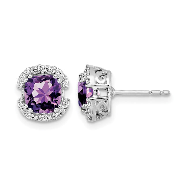 14k White Gold Cushion Amethyst and Diamond Halo Earrings, 8.9 x 8.3mm