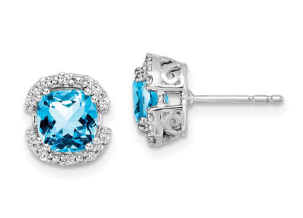 14k White Gold Cushion Blue Topaz and Diamond Halo Earrings (Style EM7087-BT-010-WA)