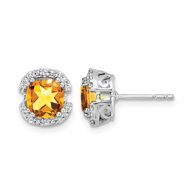 14k White Gold Cushion Citrine and Diamond Halo Earrings, 8.9 x 8.3mm