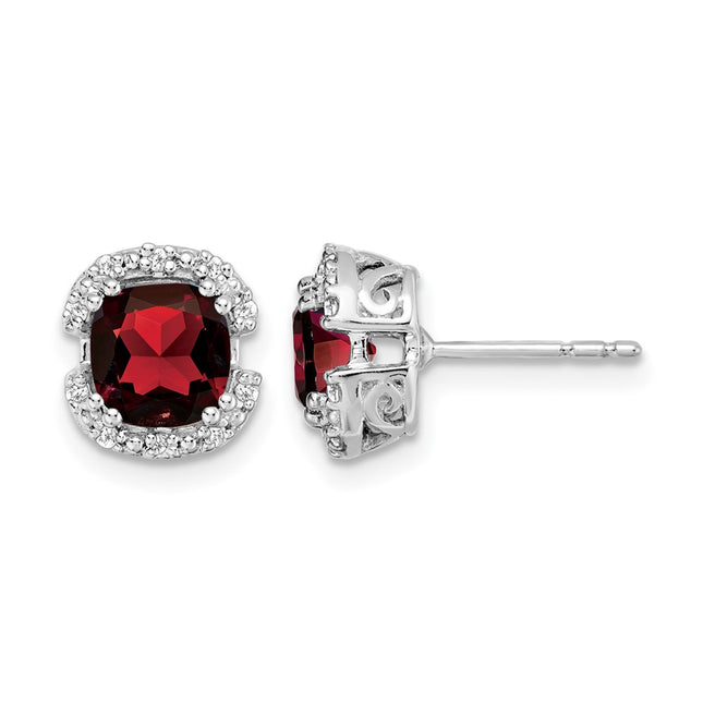14k White Gold Cushion Garnet and Diamond Halo Earrings, 8.9 x 8.3mm