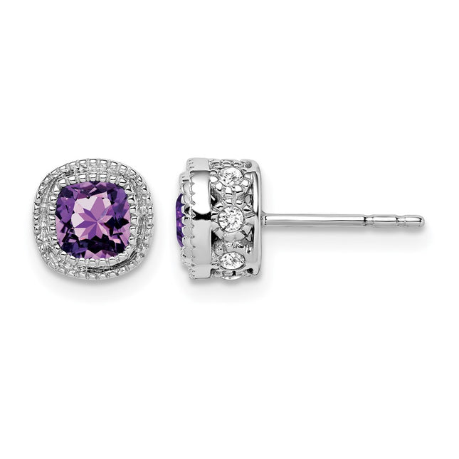14K White Gold Cushion Amethyst and Diamond Earrings, 7.3 x 7.3mm
