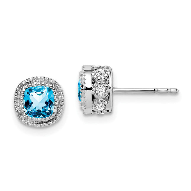 14k White Gold Cushion Blue Topaz and Diamond Earrings, 7.3 x 7.3mm