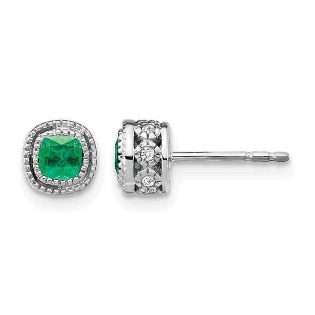 14k White Gold Emerald and Diamond Earrings, 7.3 x 7.3mm