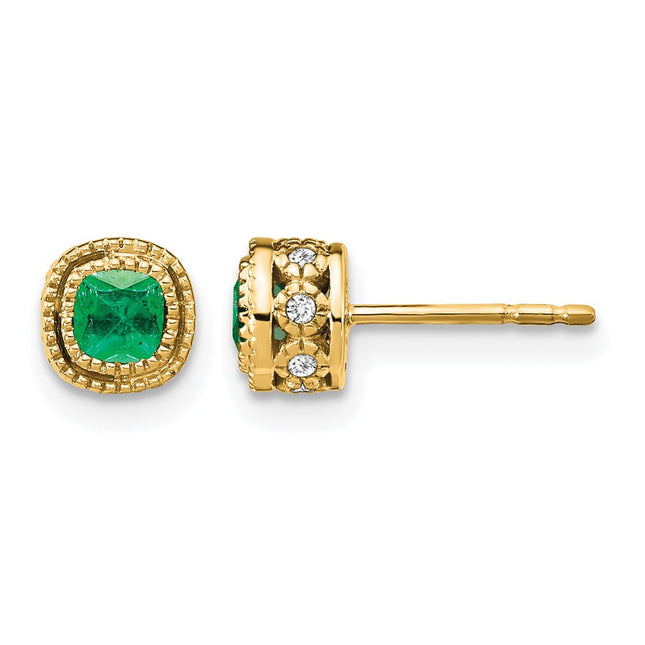 14k Emerald and Diamond Earrings, 7.3 x 7.3mm