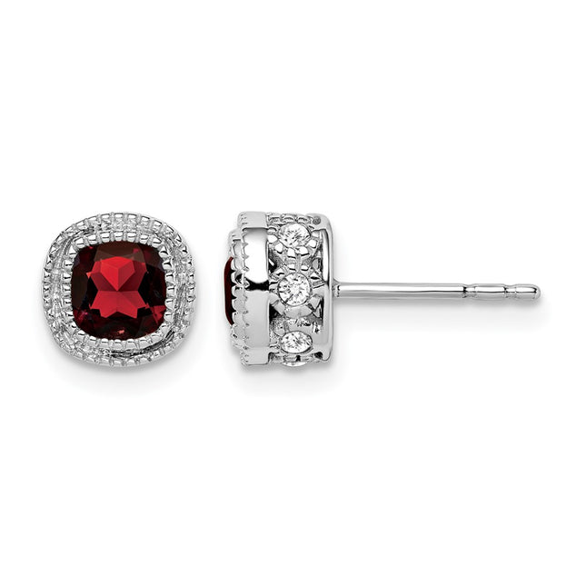 14K White Gold Cushion Garnet and Diamond Earrings, 7.3 x 7.3mm