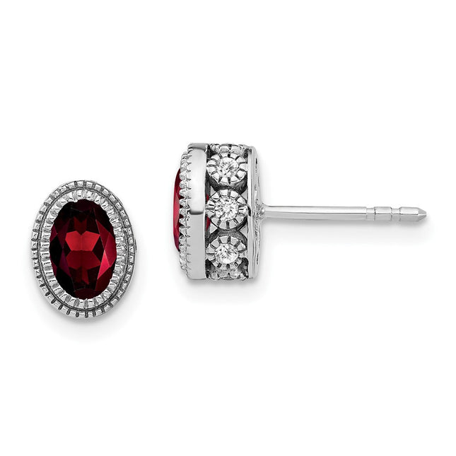 14k White Gold Oval Garnet and Diamond Earrings, 9 x 6.4mm