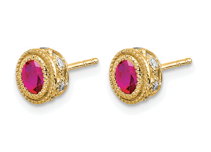 14k Ruby and Diamond Earrings, 9 x 6.4mm