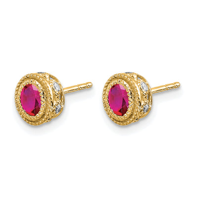 14K Ruby and Diamond Earrings, 9 x 6.4mm