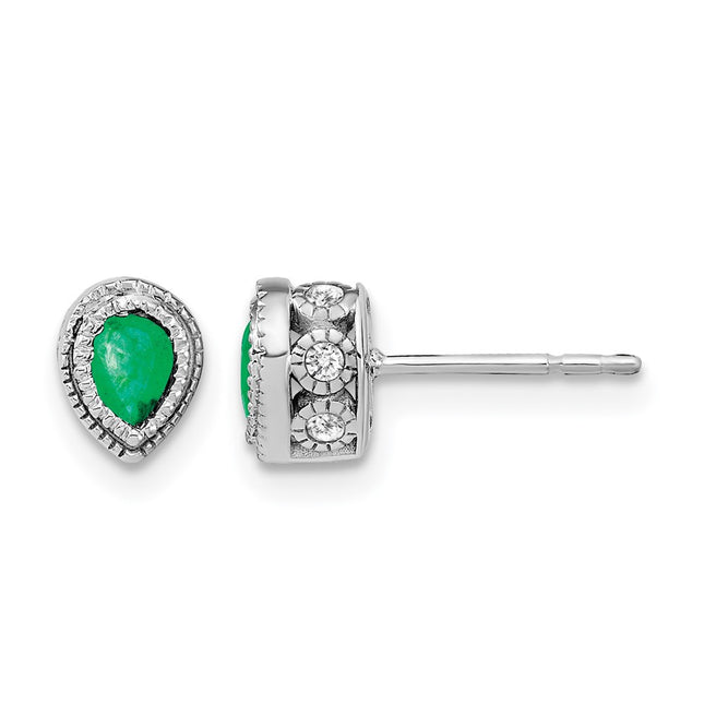 14k White Gold Emerald and Diamond Earrings, 8.6 x 6.3mm