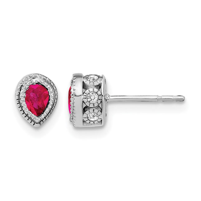 14k White Gold Ruby and Diamond Earrings, 8.6 x 6.3mm