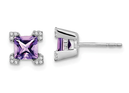 14k White Gold Square Amethyst and Diamond Earrings (Style EM7103-AM-007-WA)