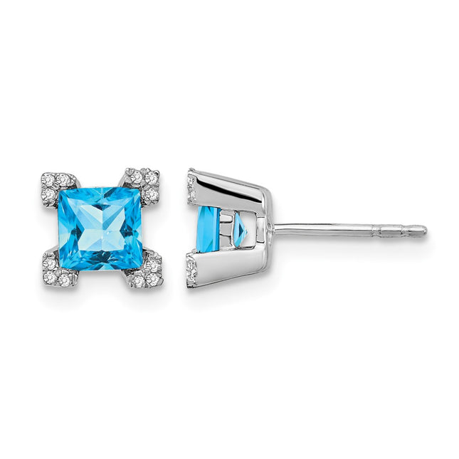 14k White Gold Square Blue Topaz and Diamond Earrings, 7.3 x 7.3mm