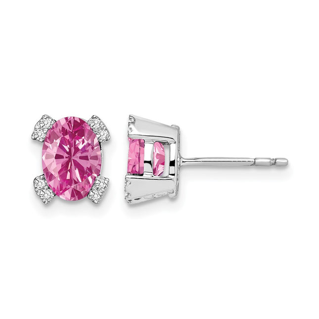 14k White Gold Oval Created Pink Sapphire and Diamond Earrings, 7.6 x 6.6mm