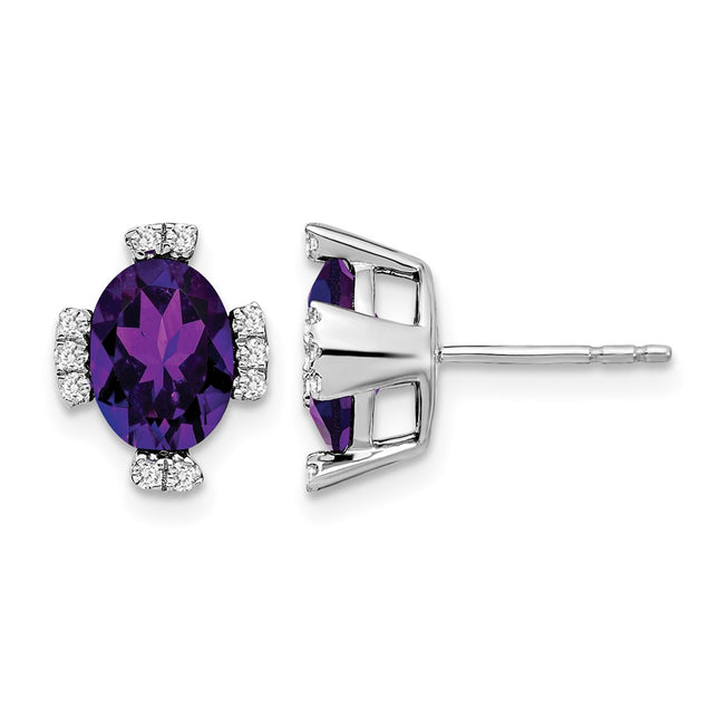 14k White Gold Oval Amethyst and Diamond Earrings, 10.9 x 8.75mm