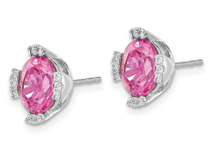 14k White Gold Oval Created Pink Sapphire and Diamond Earrings (Style EM7105-CPS-016-WA)