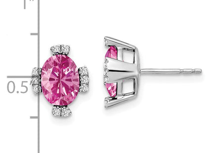 14k White Gold Oval Created Pink Sapphire and Diamond Earrings (Style EM7105-CPS-016-WA)