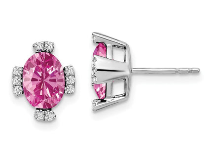 14k White Gold Oval Created Pink Sapphire and Diamond Earrings (Style EM7105-CPS-016-WA)