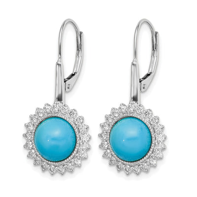 14K White Gold Turquoise and Diamond Leverback Earrings, 28 x 13mm