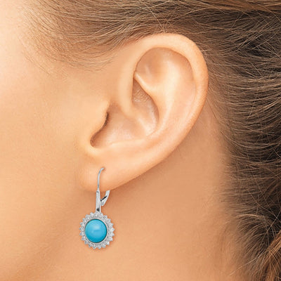 14K White Gold Turquoise and Diamond Leverback Earrings, 28 x 13mm