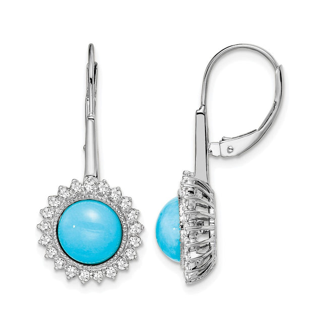 14k White Gold Turquoise and Diamond Leverback Earrings, 28 x 13mm