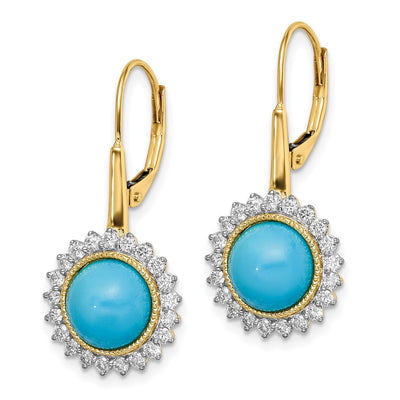 14K Turquoise and Diamond Leverback Earrings, 28 x 13mm