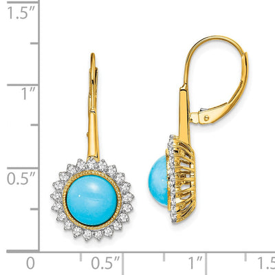 14K Turquoise and Diamond Leverback Earrings, 28 x 13mm