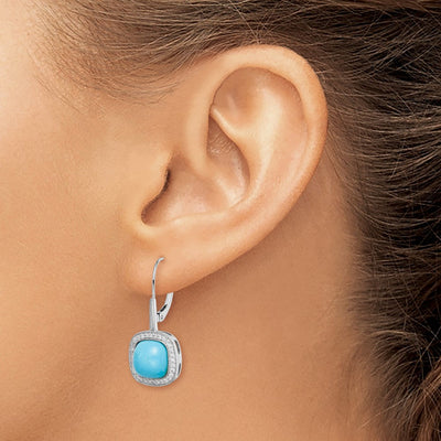 14K White Gold Turquoise and Diamond Leverback Earrings, 27.5 x 12.1mm