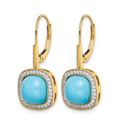 14K Turquoise and Diamond Leverback Earrings, 27.5 x 12.1mm