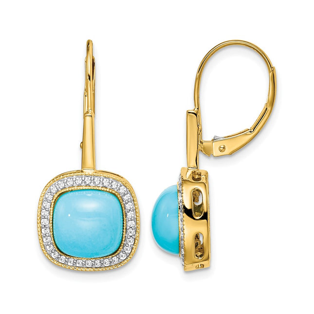 14k Turquoise and Diamond Leverback Earrings, 27.5 x 12.1mm