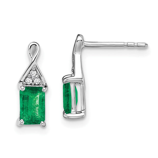 14k White Gold Emerald and Diamond Earrings, 12.9 x 4.7mm