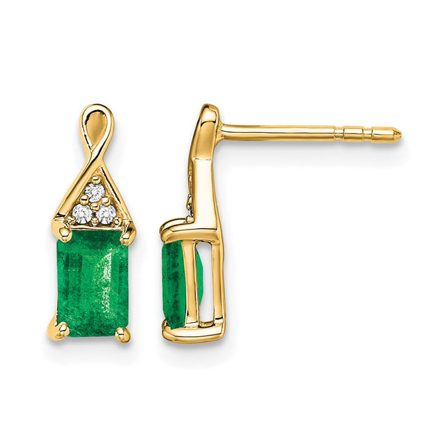 14k Emerald and Diamond Earrings, 12.9 x 4.7mm