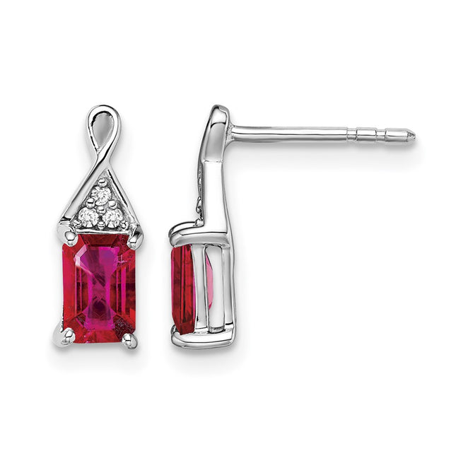 14k White Gold Ruby and Diamond Earrings, 12.9 x 4.7mm