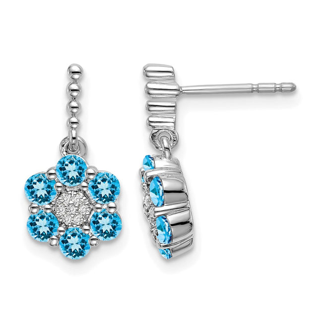 14k White Gold Blue Topaz and Diamond Earrings, 15.5 x 7.5mm