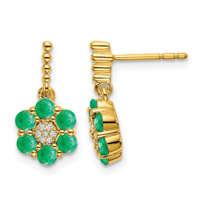 14k Emerald and Diamond Earrings, 15.5 x 7.5mm