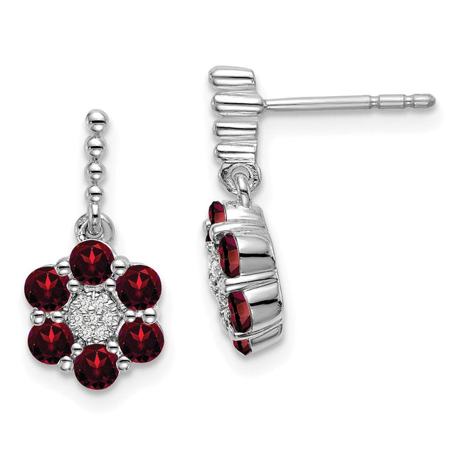 14k White Gold Garnet and Diamond Earrings, 15.5 x 7.5mm