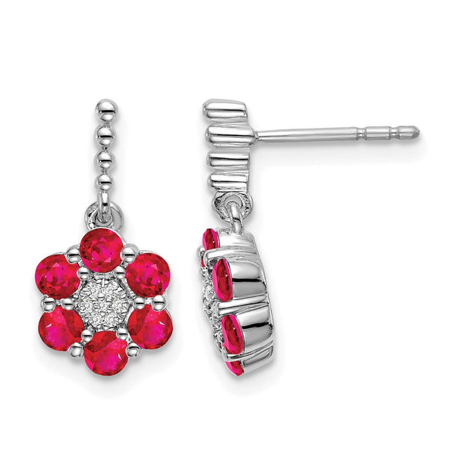 14k White Gold Ruby and Diamond Earrings, 15.5 x 7.5mm