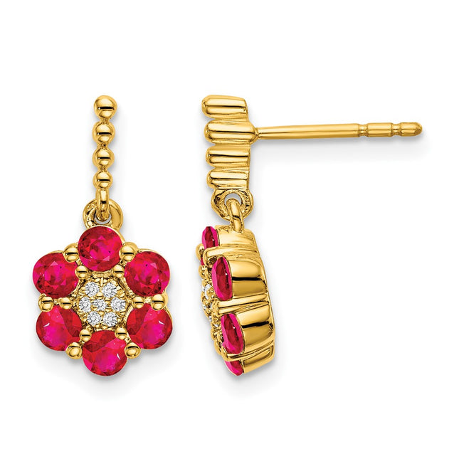 14k Ruby and Diamond Earrings, 15.5 x 7.5mm