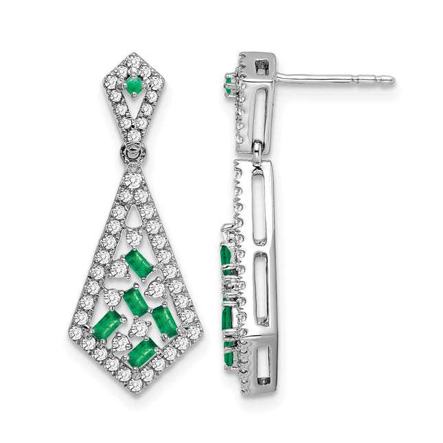 14k White Gold Emerald and Diamond Earrings, 26.6 x 10.5mm