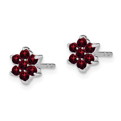 14K White Gold Garnet Floral Post Earrings