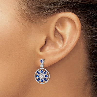 14K White Gold Sapphire and Diamond Floral Dangle Earrings