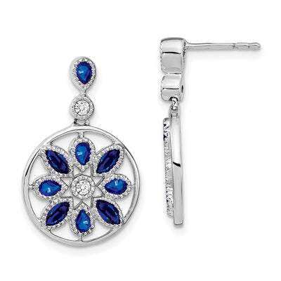 14K White Gold Sapphire and Diamond Floral Dangle Earrings