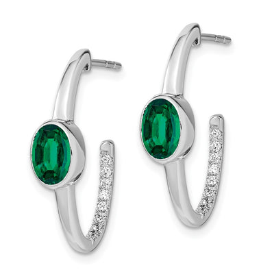 14K White Gold Oval Created Emerald and Diamond J-Hoop Earrings