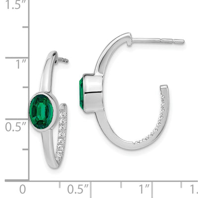 14K White Gold Oval Created Emerald and Diamond J-Hoop Earrings