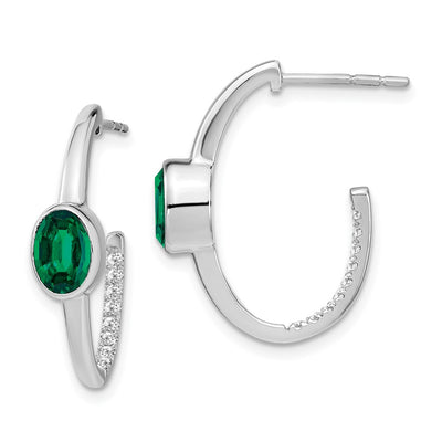 14K White Gold Oval Created Emerald and Diamond J-Hoop Earrings