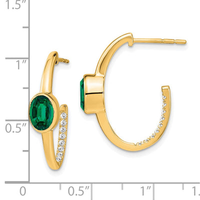 14K Oval Created Emerald and Diamond J-Hoop Earrings