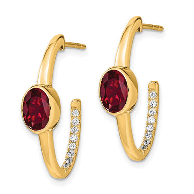 14K Oval Created Ruby and Diamond J-Hoop Earrings