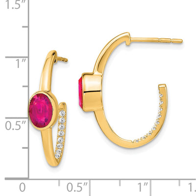 14K Oval Created Ruby and Diamond J-Hoop Earrings
