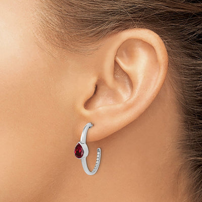 14K White Gold Pear Created Ruby and Diamond J-Hoop Earrings