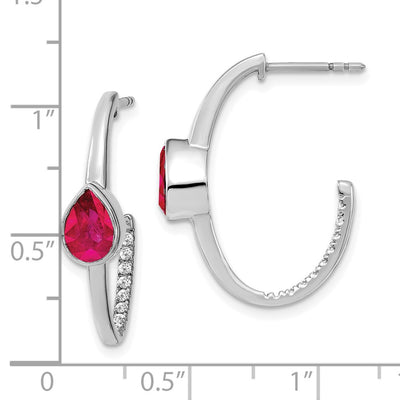 14K White Gold Pear Created Ruby and Diamond J-Hoop Earrings